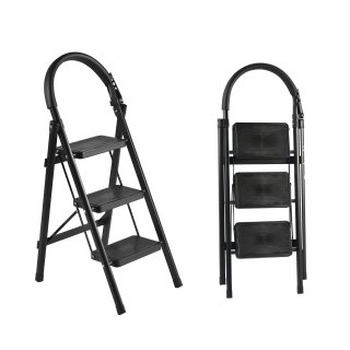 Takira Step Ladders, Adult 3 Step Folding Ladder with Padded Handrail, Metal Portable Ladder, Black