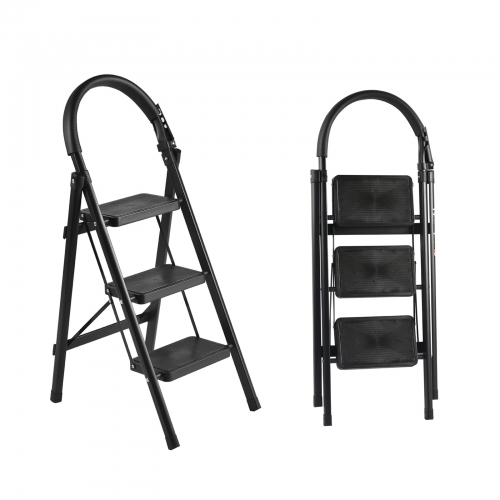 Takira Step Ladders, Adult 3 Step Folding Ladder with Padded Handrail, Metal Portable Ladder, Black