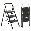 Takira Step Ladders, Adult 3 Step Folding Ladder with Padded Handrail, Metal Portable Ladder, Black