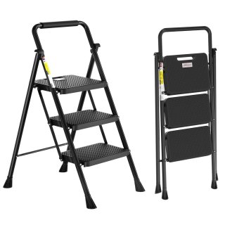 Takira Step Ladders, Adult 3 Step Folding Ladder with Padded Handrail, Metal Portable Ladder, Black