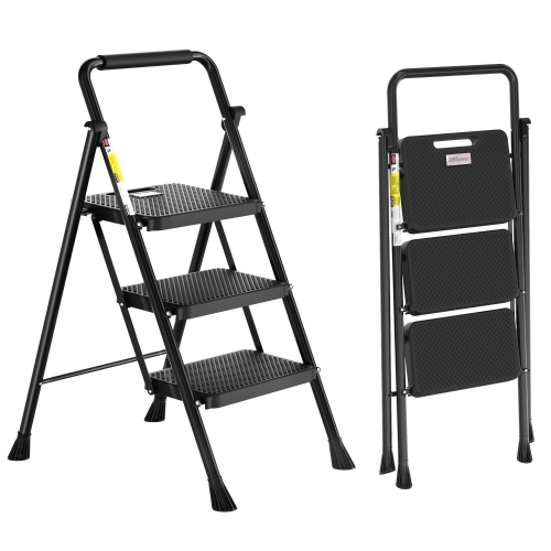 Takira Step Ladders, Adult 3 Step Folding Ladder with Padded Handrail, Metal Portable Ladder, Black