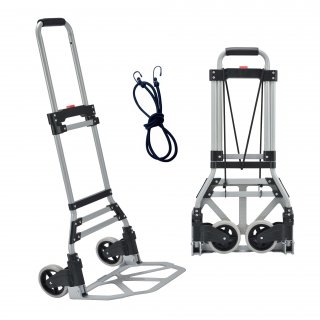 Takira Foldable Hand Cart, Portable Aluminum Luggage Cart with Telescopic Handle and Black Bungee Cord.