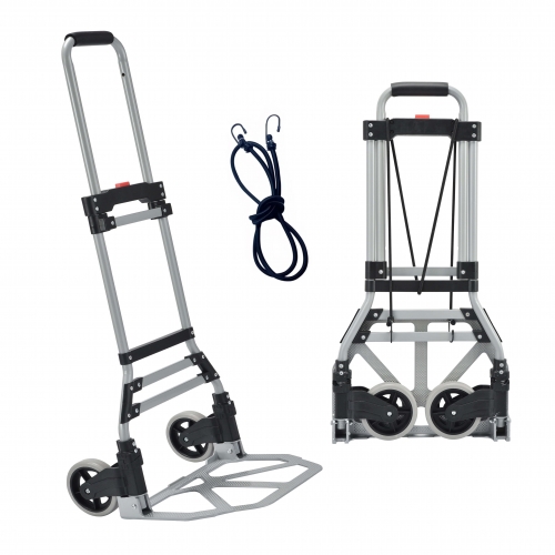 Takira Foldable Hand Cart, Portable Aluminum Luggage Cart with Telescopic Handle and Black Bungee Cord.