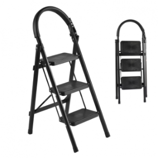 Takira Step Ladders, Adult 3 Step Folding Ladder with Padded Handrail, Metal Portable Ladder, Black